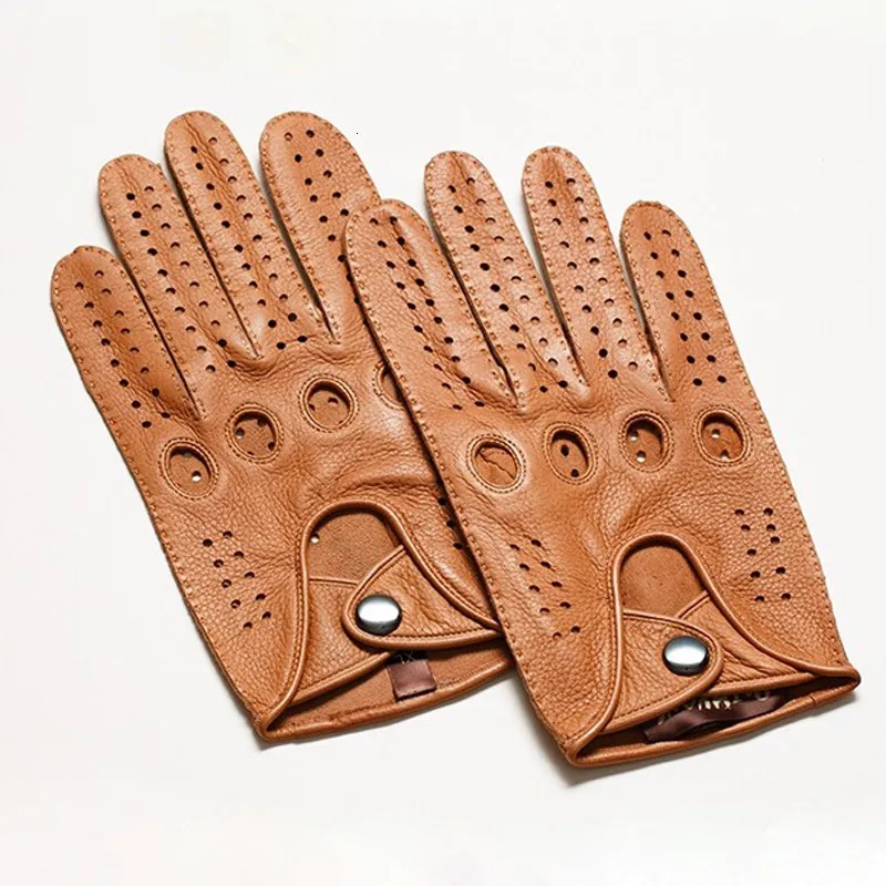 5本の指の手袋到着豪華なメンズ本革のシープスキンファッションメン男性ミトン230921のためのブラック通気性運転