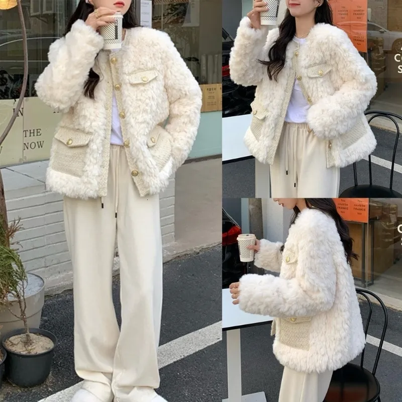 Womens Fur Faux Fur Womens Long Sleeve SingleBreasted Lamb Wool Coat Vintage Elegant ONeck Faux Fur Plush Outerwear with Pockets D10 22 Dropship 230920