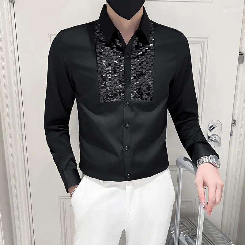 Herrklänningskjortor 2024 Designskjorta man vit svart långärmad smoking front paljetter smal passande toppkläder bröllop party blus