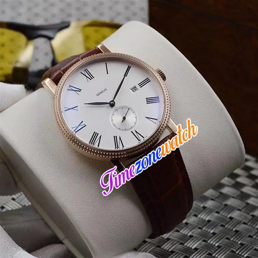 42 mm calatrava 5116 5116r automatyczny męski zegarek biały tarcza różowe złoto niezależne sekundy brązowe skórzane paski zegarki TimeZoneW313o
