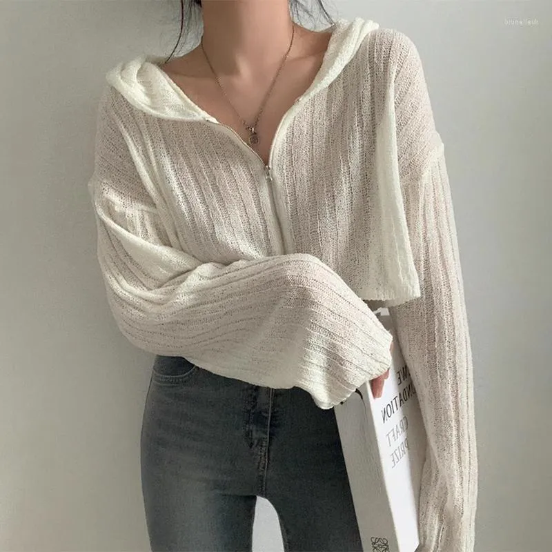 Cardigan tricoté à manches longues et courtes pour femme, haut décontracté en tricot uni avec fermeture éclair, vêtements Y2k, pull coréen Sueter Mujer à capuche