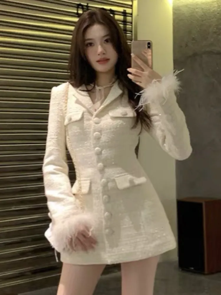 Womens Suits Blazers Elegant Solid Long Blazer Coat Women Single Breasted Vneck Autumn Winter Evening Party Dress Feathers Korean Chic Outerwear 230920