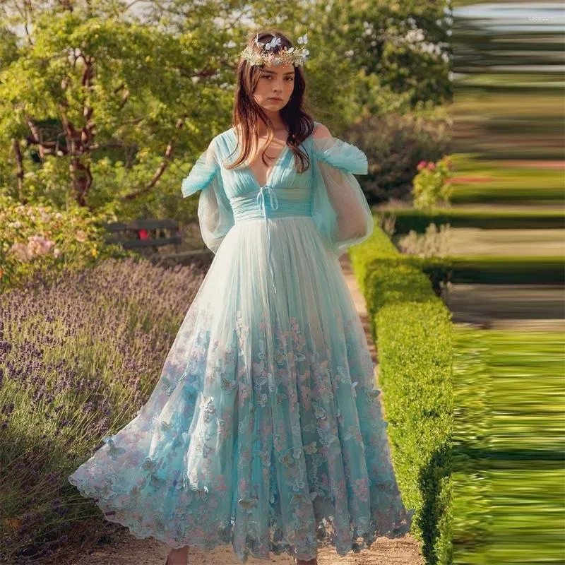 Festklänningar Sevintage Baby Blue Butterfly Tulle Prom Lace Appliques Long Sleeves Pleat Ruched a-line aftonklänning Formell klänning