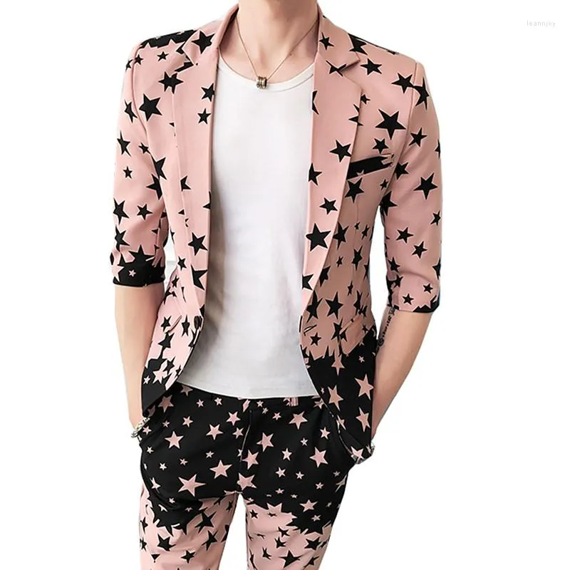 Men's Suits Men Spring Summer Mid Half Sleeve Five Pointed Star Print Fashion Slim British Style Suit 2 Piece Coat Pants Party Blazer Jacket