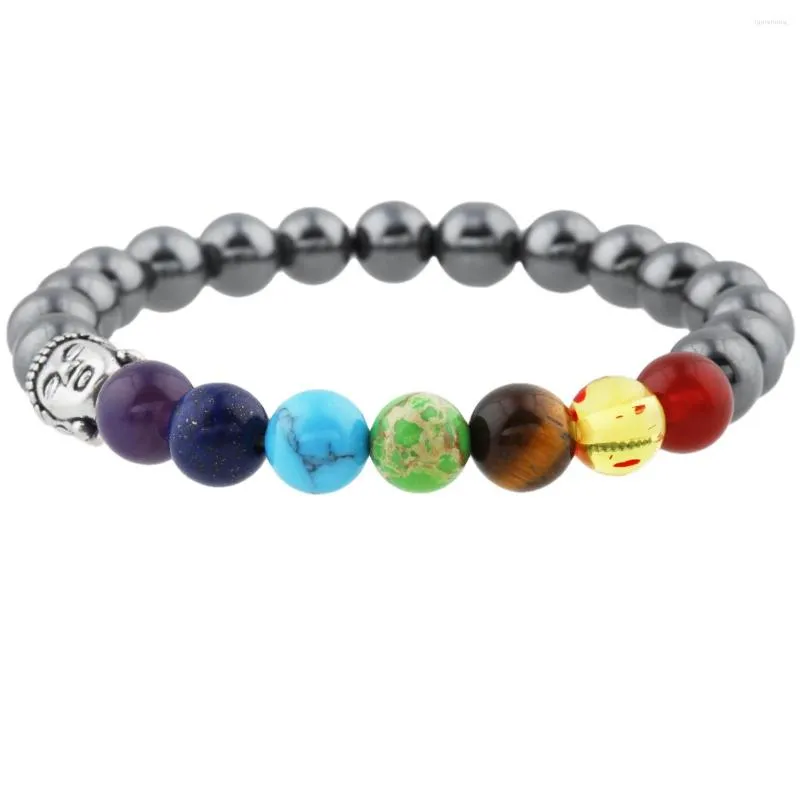 Link pulseiras cabeça de buda hematita pedra contas pulseira natural 7 chakra elástico oração masculino feminino jóias presente