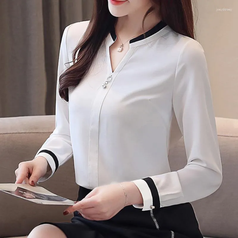 Женские блузки, корейская модная женская блузка, осень 2023, шифоновая женская рубашка с v-образным вырезом и длинным рукавом, офисная женская рубашка, топы, милый пуловер