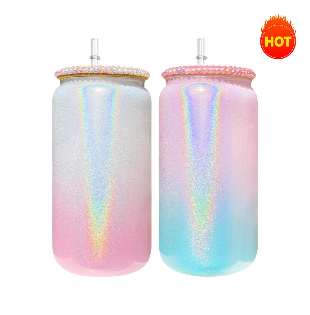 Entrepôt américain à haute teneur en borosilicate 15 oz 16 oz sublimation vierge holographique scintillant ombre paillettes dégradé couleur arc-en-ciel avec couvercle bling prêt à expédier 50 pack