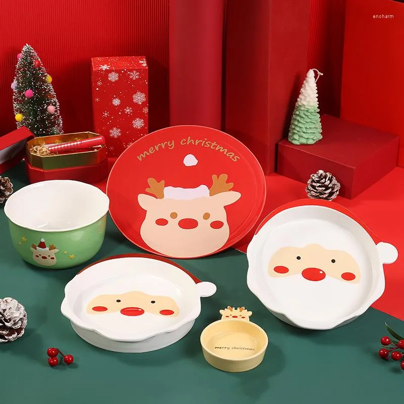 Geschirr Sets 2023 Verkauf Weihnachten Elch Esszimmer Platte Santa Claus Geschirr Weihnachten Set Cartoon Nette Keramik Gerichte Hause Dekoration