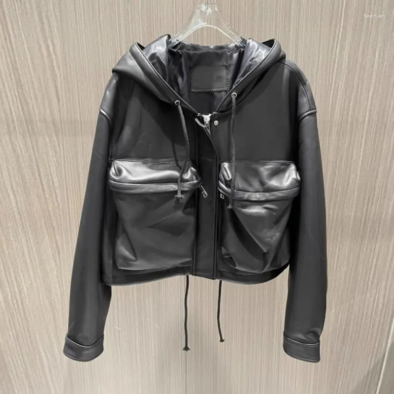 Women's Leather Women Zipper Drawstring Short Hooded Genuine Coat Autumn Winter Vintage Motorcycle Jacket Real Sheepskin TF3779