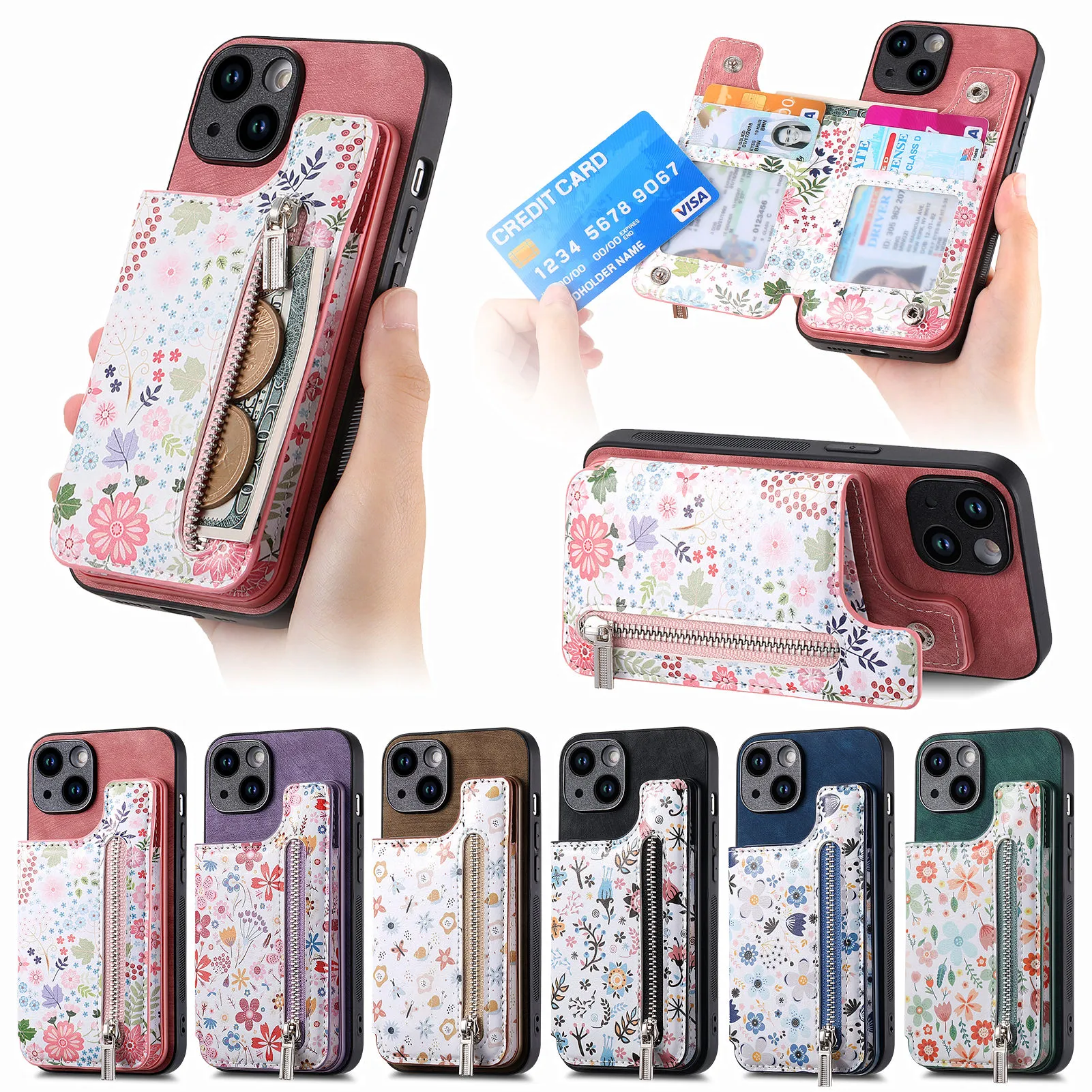 Stoßfeste Leder Cartoon Blumen Reißverschluss Kartenhalter Brieftasche Hülle für iPhone 15 Pro Max 14 13 12 11 XR XS X Kickstand Phone Covers Conque