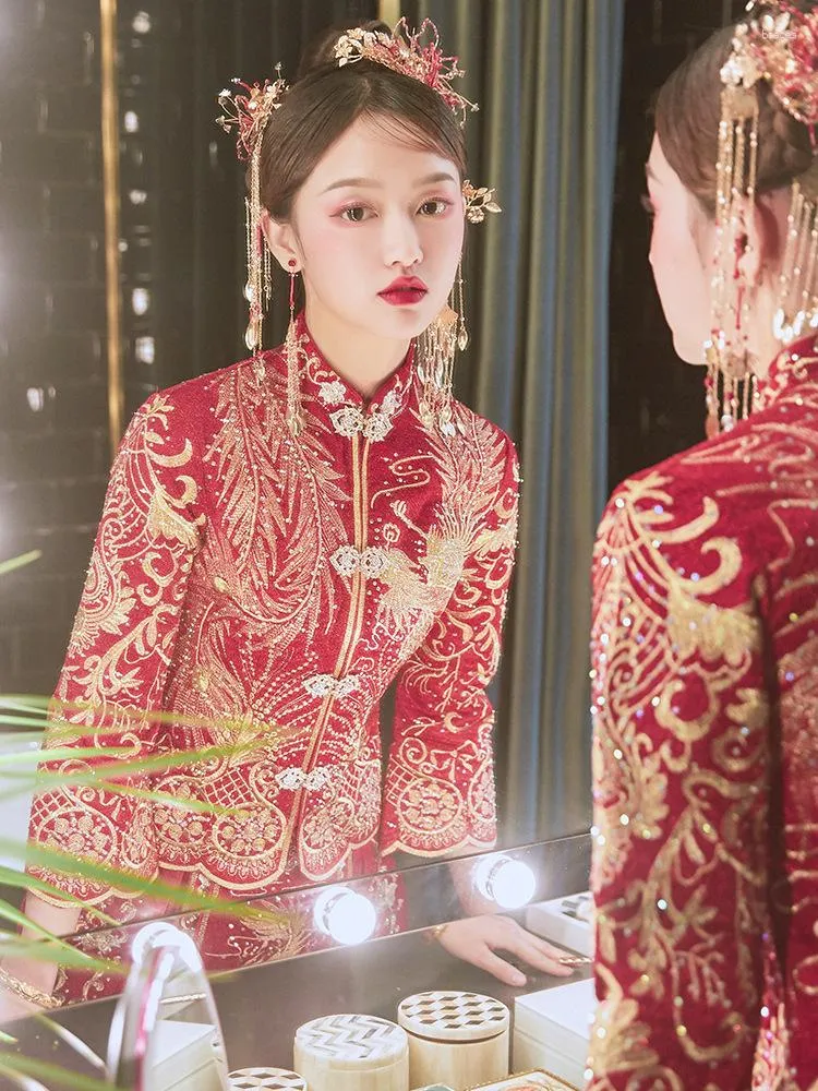 Etnisk kläder kinesisk stil xiuhe brud 2023 par röda phoenix broderier cheongsam qipao traditionell bröllopsklänning storlek s-6xl