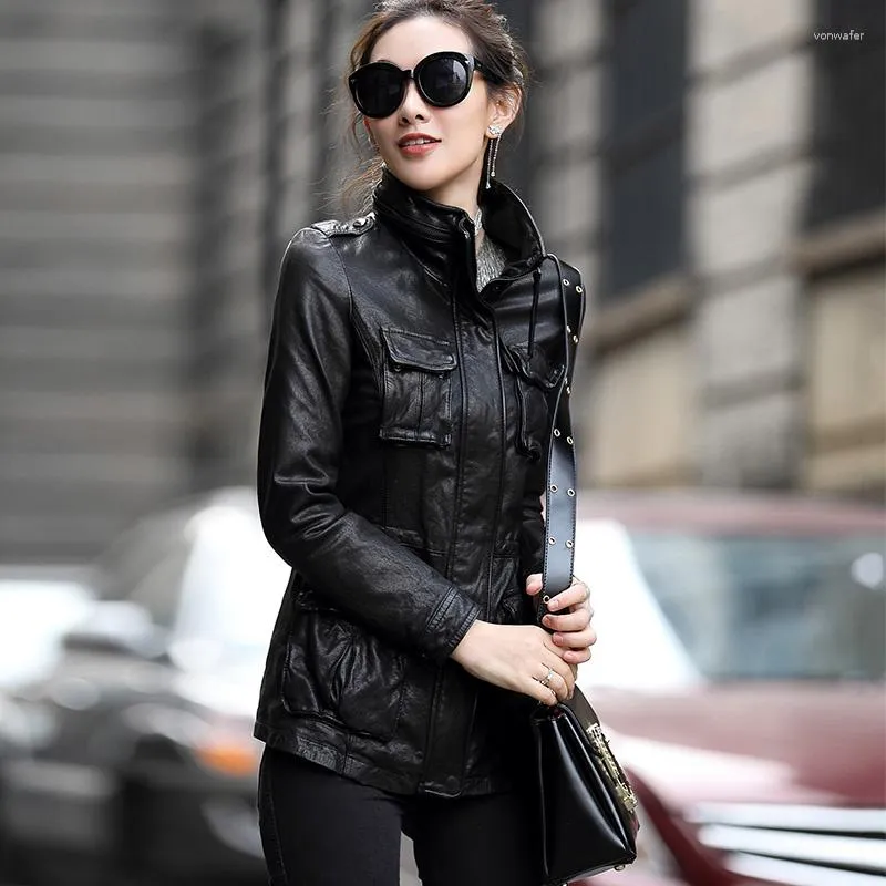 Couro feminino vintage real casaco de pele de carneiro feminino high-end motocicleta magro outerwear preto genuíno jaqueta feminina