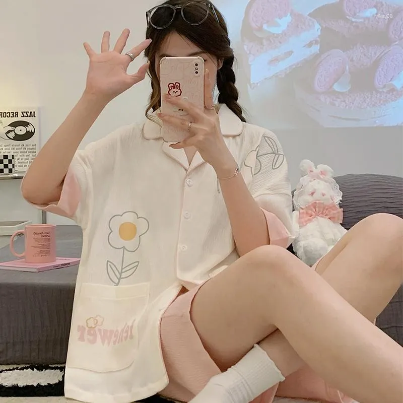 女性用スリープウェア夏の女性パジャマセット大人の甘い綿花プリントパジャマポールフェム韓国の女の子ホームウェア女性ピジャマ