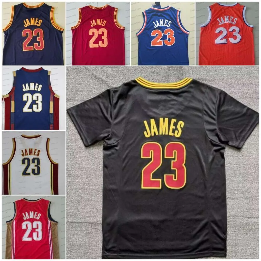 Maglia da basket retrò James 23 Maglie da uomo a maniche corte James arancione blu navy tutte cucite