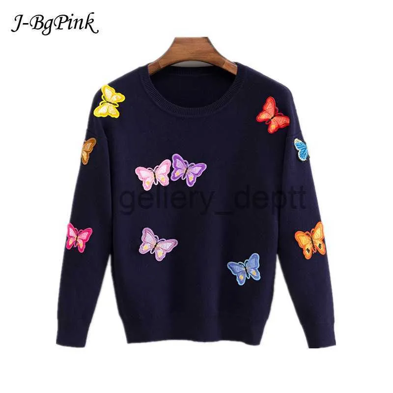 女性のセーター韓国の女性編み刺繍プルオーバーセーター女性蝶の花のセーターフェムトリコットプル秋のセーターFEM J230921