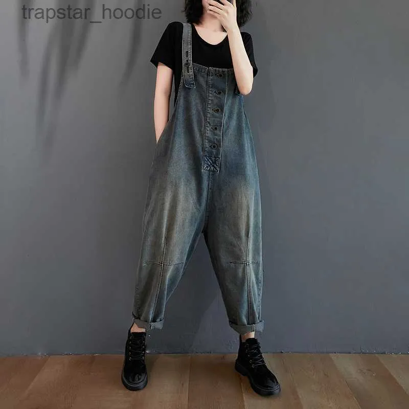 Kvinnors jumpsuits Rompers #1424 Justerbar spaghetti-rem denim Jumpsuit Kvinnor Lossa vintage jeans Jumpsuit Ankle-längd Single Breasted Overalls Women L230921