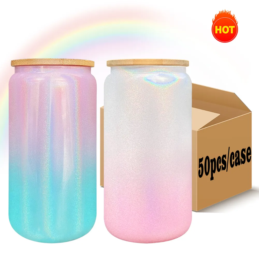 Vente en gros en vrac Couleur dégradé arc-en-ciel à haute teneur en borosilicate 16oz sublimation ombre verre scintillant peut scintiller tasse de voyage brillante avec couvercles et pailles bling paquet de 50