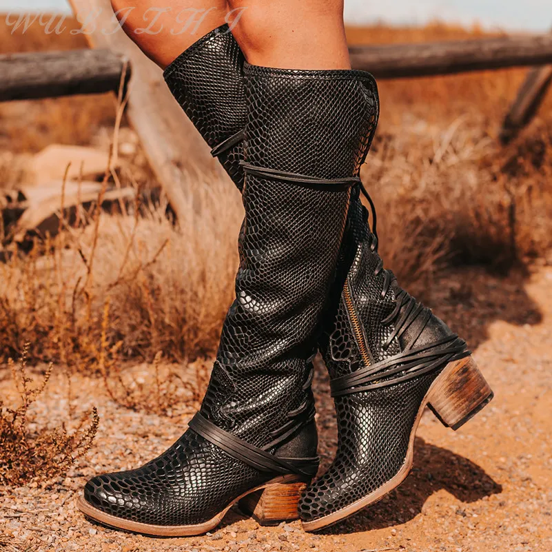 Botas preto genuíno joelho de couro alto para mulheres outono crosstied salto grosso cobra padrão sapatos ocidentais equitação 230921