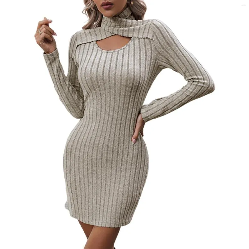 Vestidos casuais feminino outono cor sólida com nervuras manga longa sexy magro ajuste versão joelho comprimento vestido para mulheres wu curto midi