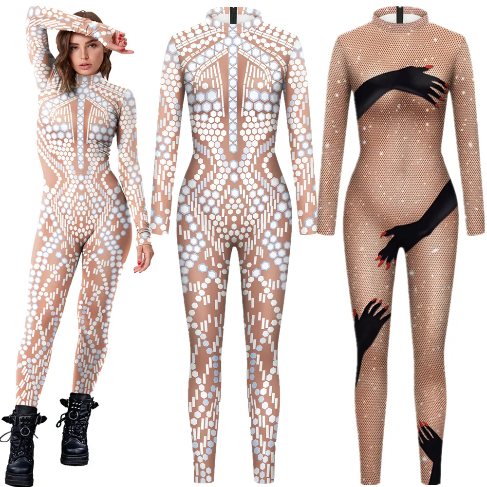 Catsuit Costumes Black Hands Touch Shinny Sequin Glitter Jumpsuit Catsuit Sexig Women Cosplay Costumes Zentai Halloween Bodysuit