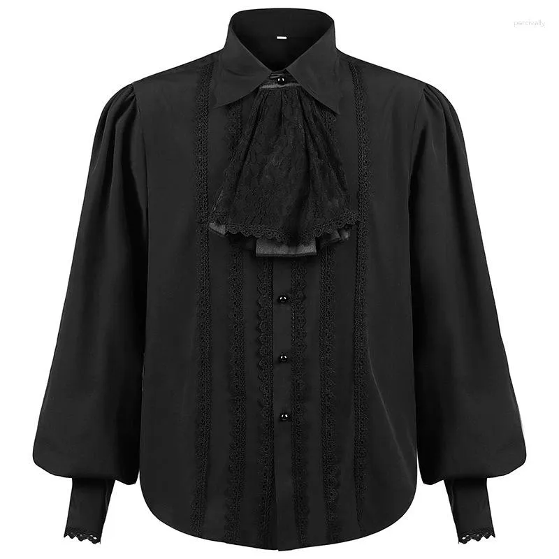 Chemises habillées pour hommes Col rabattu noir Manches longues Hommes Cosplay Médiéval Vintage Halloween Pirate Chemise Steampunk Victorien Top Gothique