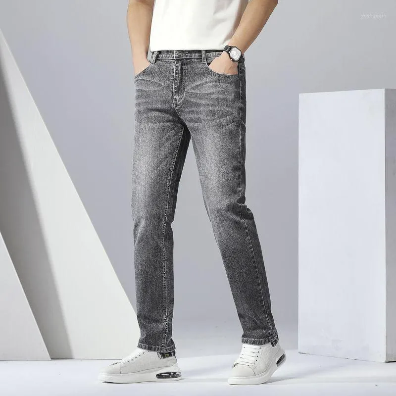 Men's Jeans Men Spring Autumn Slim Fit Straight Mid-Waist Stretch Casual Versatile Young Middle-Aged Fashionable Gray Long Pants