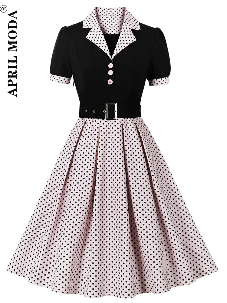 Temel gündelik elbiseler moda yaz kısa vintage kadınlar elbise zarif polka dot baskı patchwork yakalı retro 1950'ler stil 230921