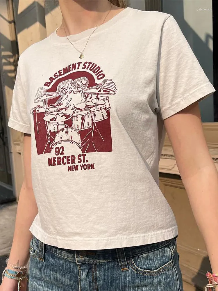T-shirt da donna Kit di batteria retrò americana Stampa T-shirt Casual Estate Girocollo in cotone Manica corta T-shirt Donna Y2k Streetwear Harajuku Top