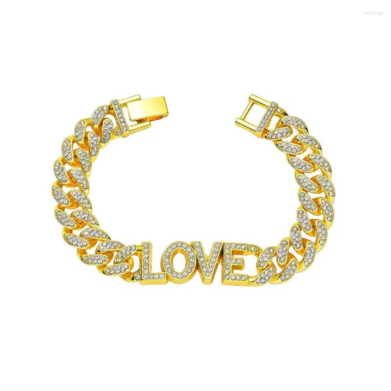 Braccialetti a maglie Uomo Hip Hop Classico Bling ghiacciato Rapper Bracciale pieno di strass pavimenta con lettera d'AMORE Catena cubana Gioielli punk