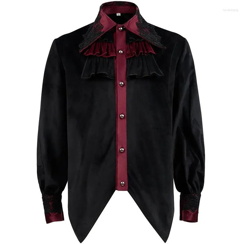 Chemises habillées pour hommes Noir et rouge Flanelle Broderie Col rabattu Renaissance Médiévale Vintage Top 2023 Chemise Steampunk pour hommes gothiques