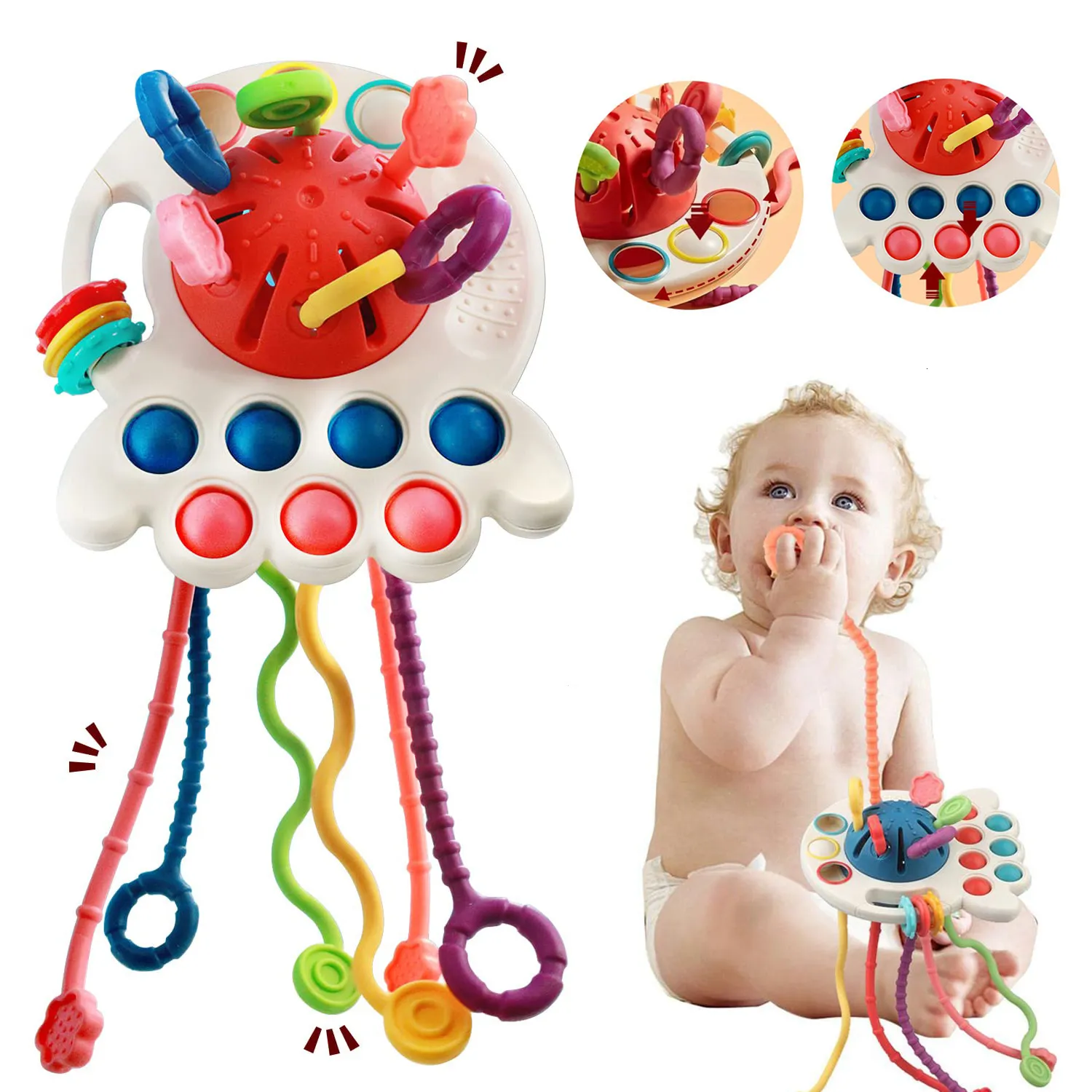 Teethers Toys Baby Montessori Sensory Toys Toddler Travel Educational Pull String Toys Silicone Teethers Teething Toy for Babies 1-3Y Gifts 230919