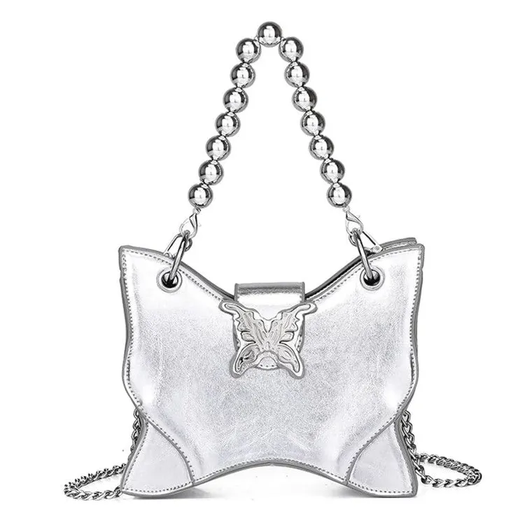 borsa a tracolla a forma di farfalla borsa argento Y2k da donna nuova Borsa a tracolla con perline alla moda e versatile