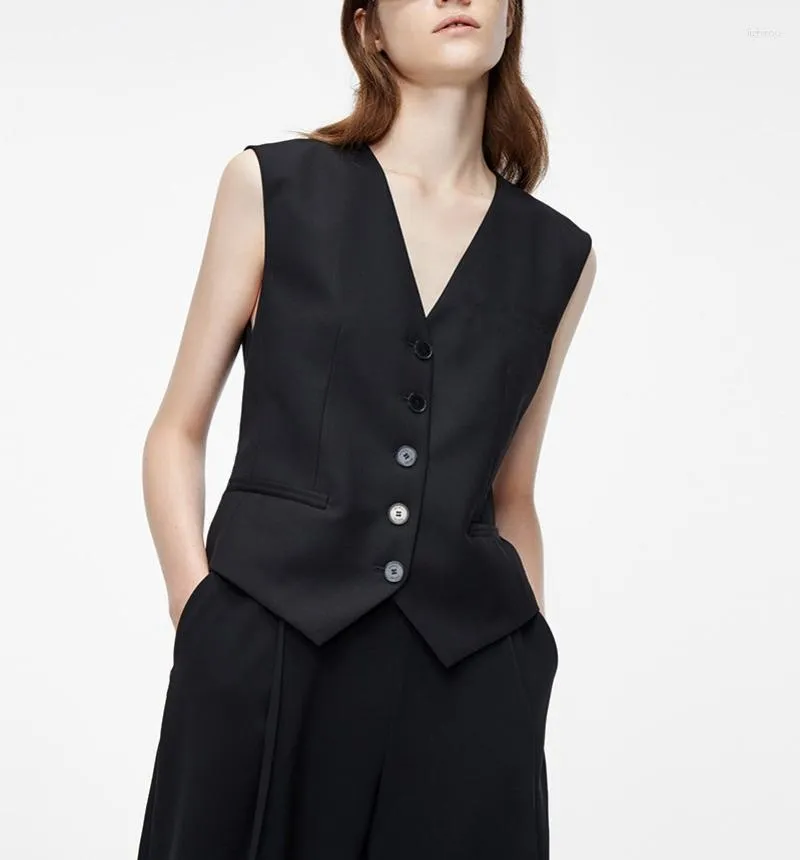 Kamizelki damskie French Black Shleeless Vest Vest For Women 2023 Autumn Single Bered Office Lady Vintage Fashion Fash