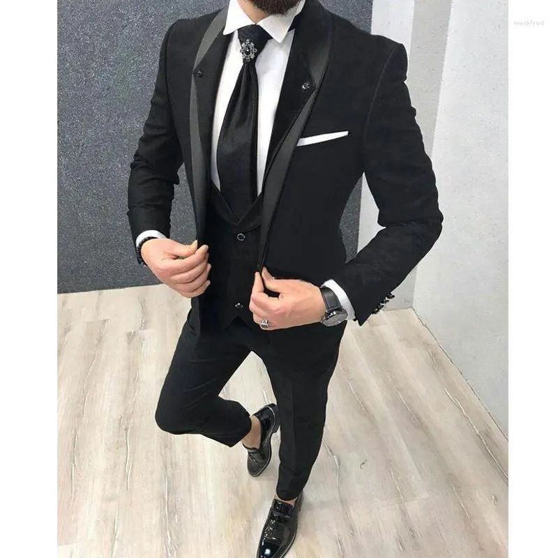 Garnitury męskie 2023 Czarny Slim Fit Groom Suit dla mężczyzn 3 sztuki krawiecka wykonana z drużbów ślub smokingowy