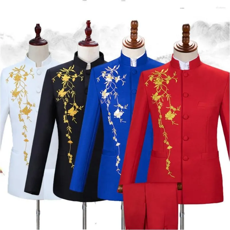 Costumes pour hommes Style chinois mode scène chorale Performance col montant Tang costume veste pantalon 2 pièces jeunesse mâle ensemble