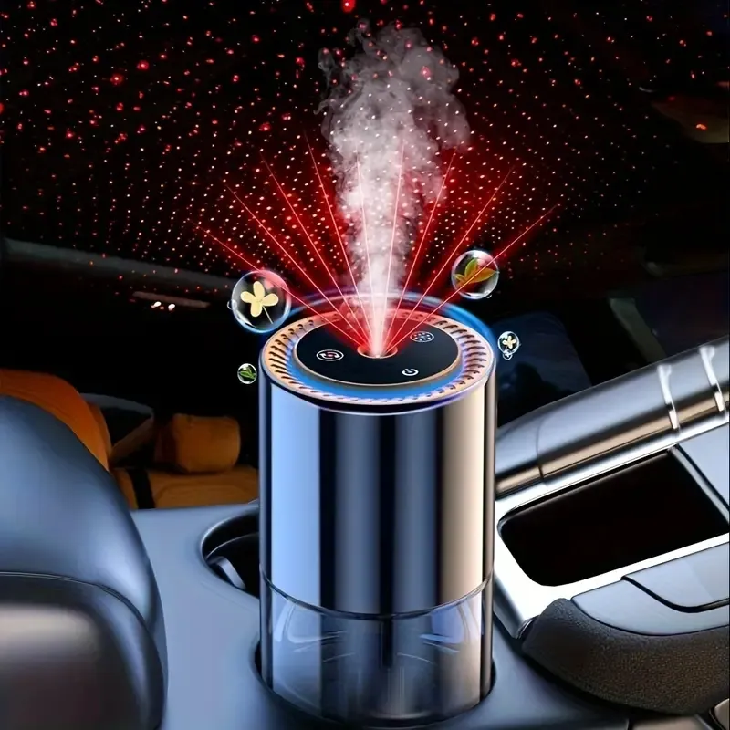 Ambientador de carro inteligente, fragrância natural de 5,07 onças, 300 dias de longa duração, difusor de aroma com projetor estrela e luz ambiente de chama, liga/desliga automática