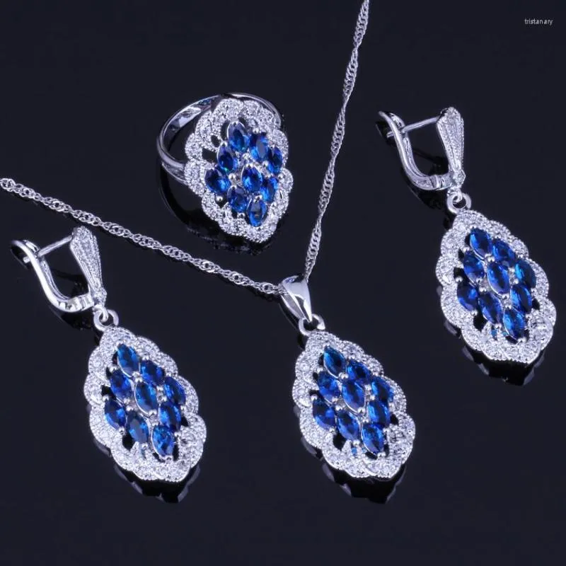 Ensemble de boucles d'oreilles et collier, superbe zircone cubique bleue blanche, pendentif plaqué argent, chaîne et anneau V0014