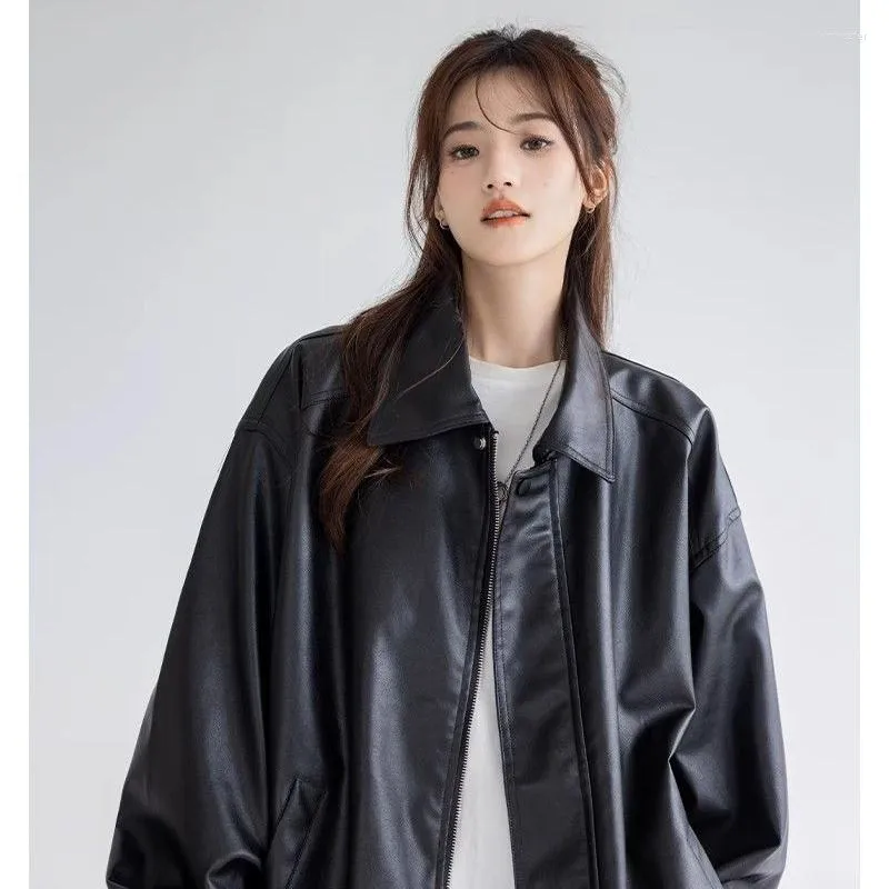 Veste en cuir pour femme Deeptown Vintage Racing Jacket Femme Casual Oversize Mode coréenne Moto Biker Vestes à glissière Streetwear Style gothique