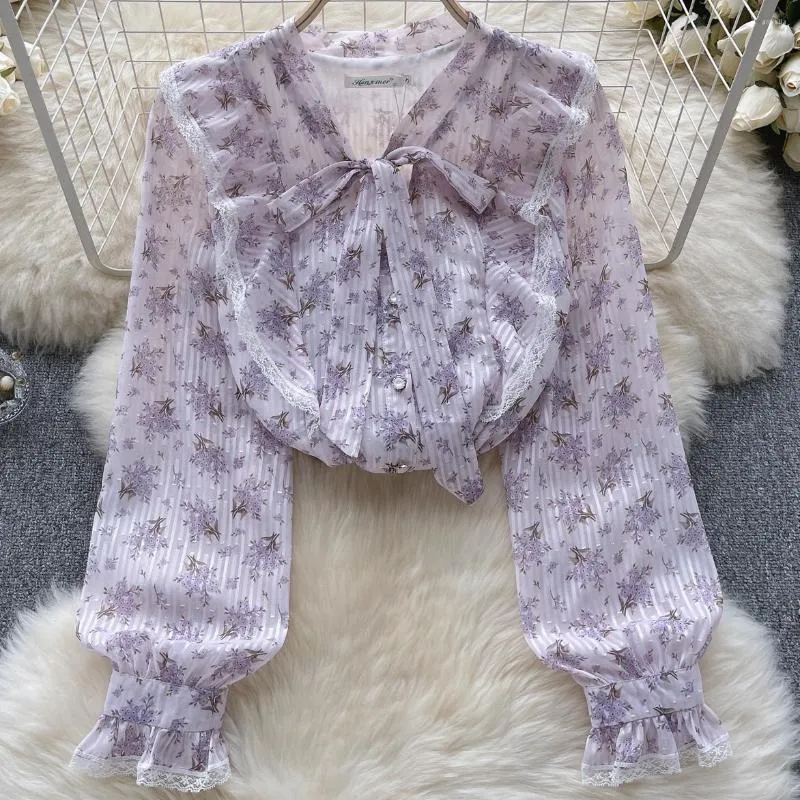 Bluzki damskie fioletowa kwiatowa szyfonowa koszula dla kobiet lato jesienna koronkowa koronkowa łuk długi rękaw słodki bluzka blusa