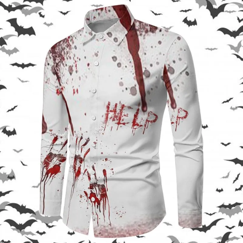 Chemises décontractées pour hommes Halloween à manches longues Chemise imprimée à la main de sang personnalisée personnalisée Festive Eerie Scarred Tunique à revers
