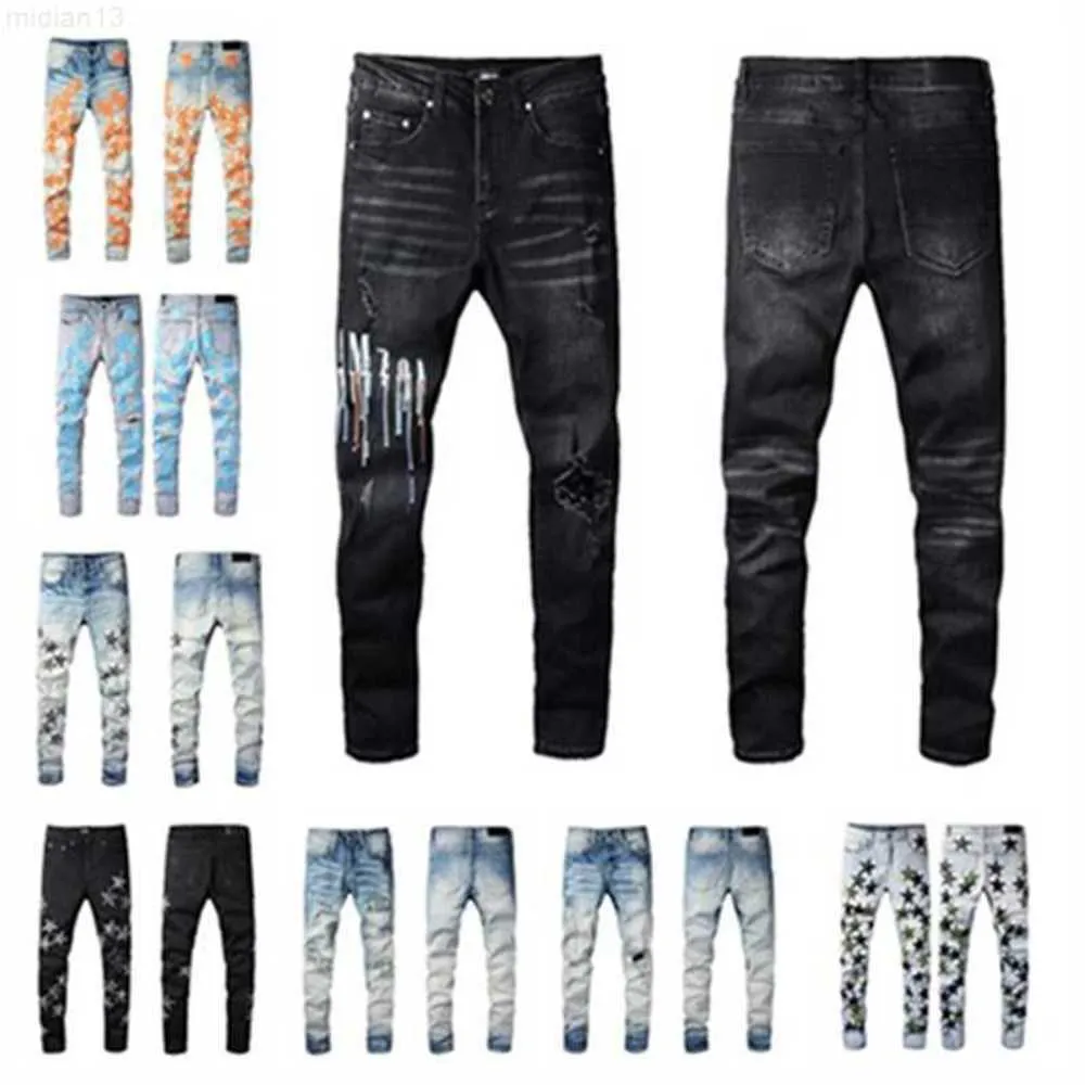 Calças de brim masculinas denim calças bordadas moda buraco calças tamanho americano 28-40 hip hop estrela angústia calças com zíper 2023 best-seller