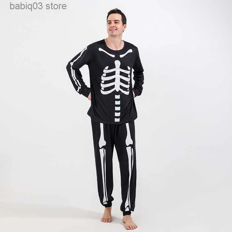 Tenues assorties à la famille 2023 Nouvel ensemble de pyjamas pour la fête d'Halloween Maman Papa Enfants Costume à la maison Squelette Imprimer Tenue assortie Look familial Motif de crâne Vêtements T230921