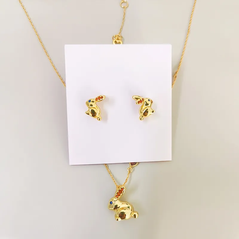 Gouden konijn oorbellen ketting set kleurrijke kristallen dieren sieraden set