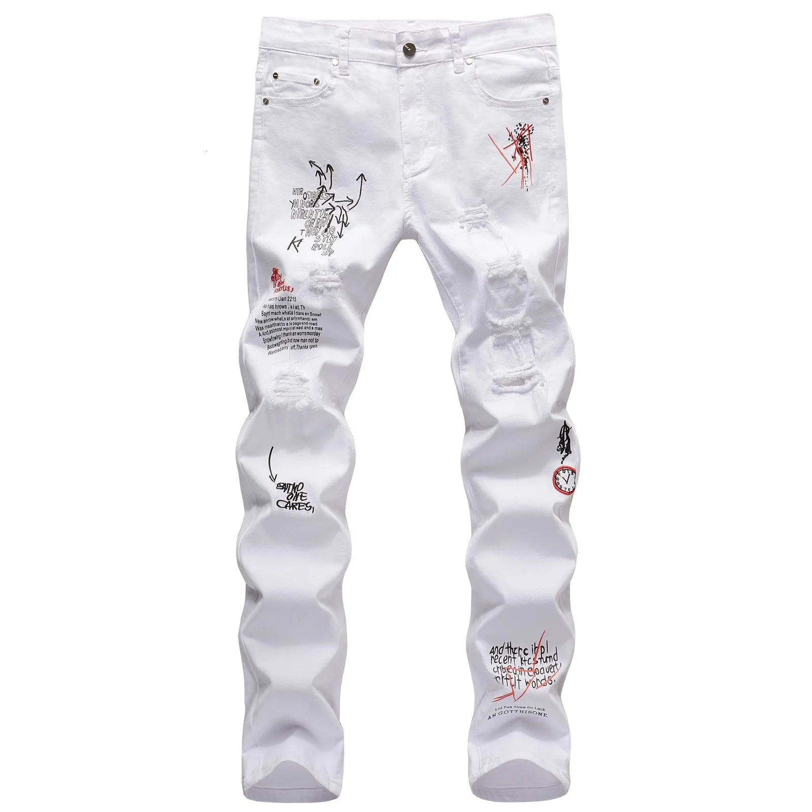 Jeans pour hommes Lettres de broderie de mode Pantalon maigre blanc Hommes Hip Hop Punk Casual Moto Stretch Ripped Denim Pantalon Streetwear 230921