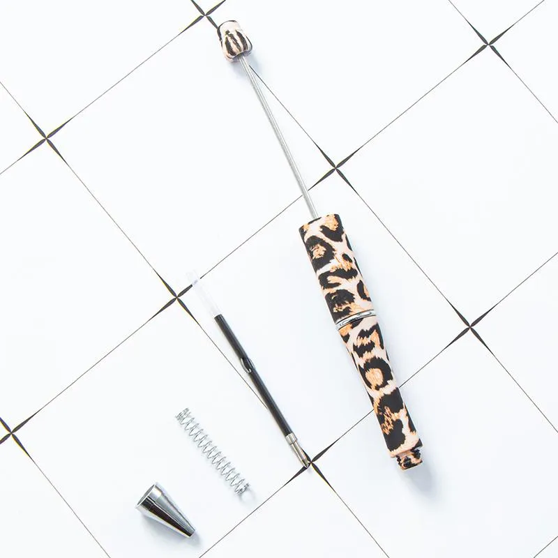 Leopard Beadable Pens DIY Beaded Ballpoint Pens Plastic Rotary Ball Pen School Office Supplies