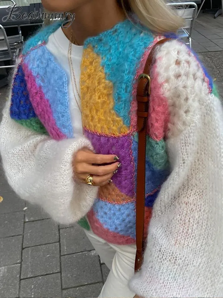 S Knits TEE puste kolorowe kint sweter sweter jesienne długie puchanie rękawa patchwork żeńskie swetry 2023 Elegancka swobodna dama top 230921