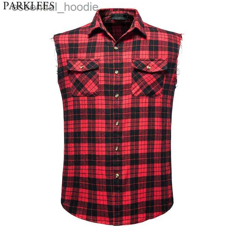 Men's Dress Shirts Men's Casual Flannel Plaid Shirt Sleeveless Double Pocket Cowboy Button Down Shirts Men Cotton Plus Size Vest Checkered Top 2XL L230921