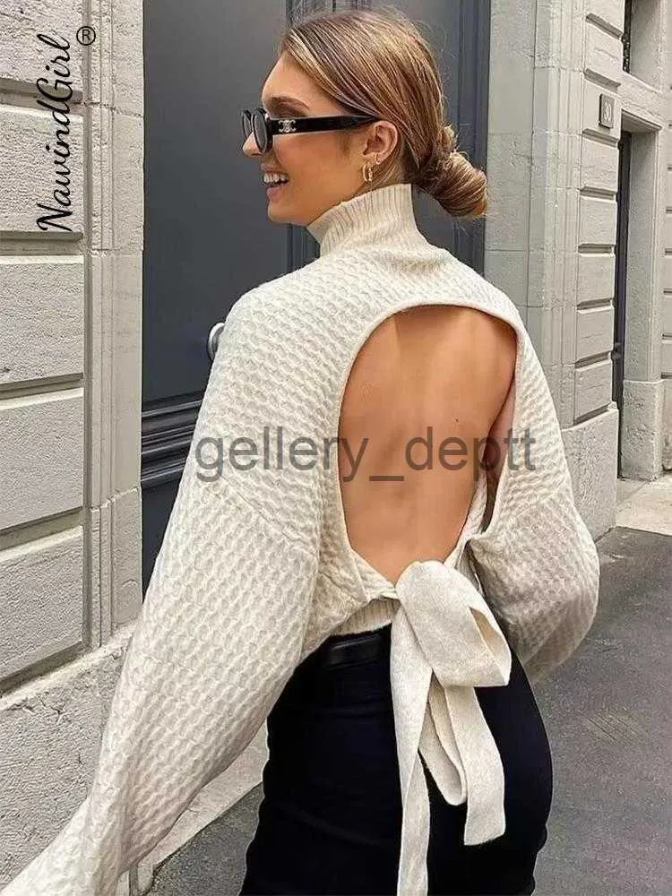 Women's Sweaters Sexy Backless Lace Up Knitted Sweater Woman Solid Turtleneck Long Sleeve Jumper Pullover 2023 Spring Female Elegant Street Tops J230921