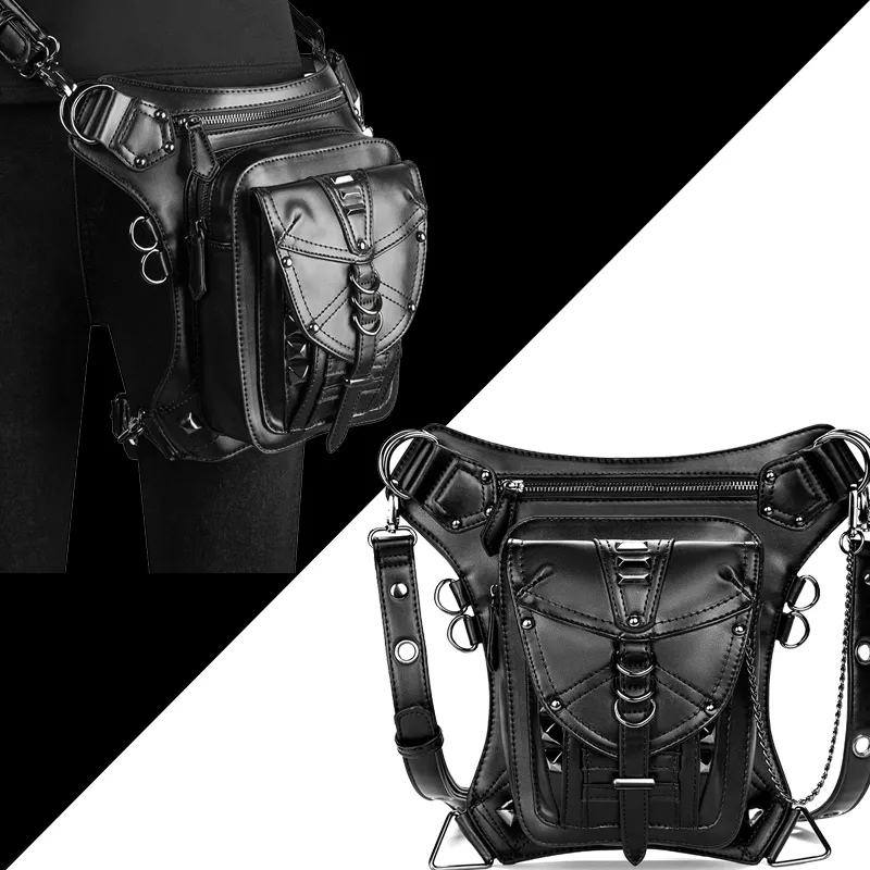 Bel çantası gotik fanny paketleri motosiklet kalça damla bacak çantaları steampunk kılıf omuz erkekler pu deri crossbody 230920