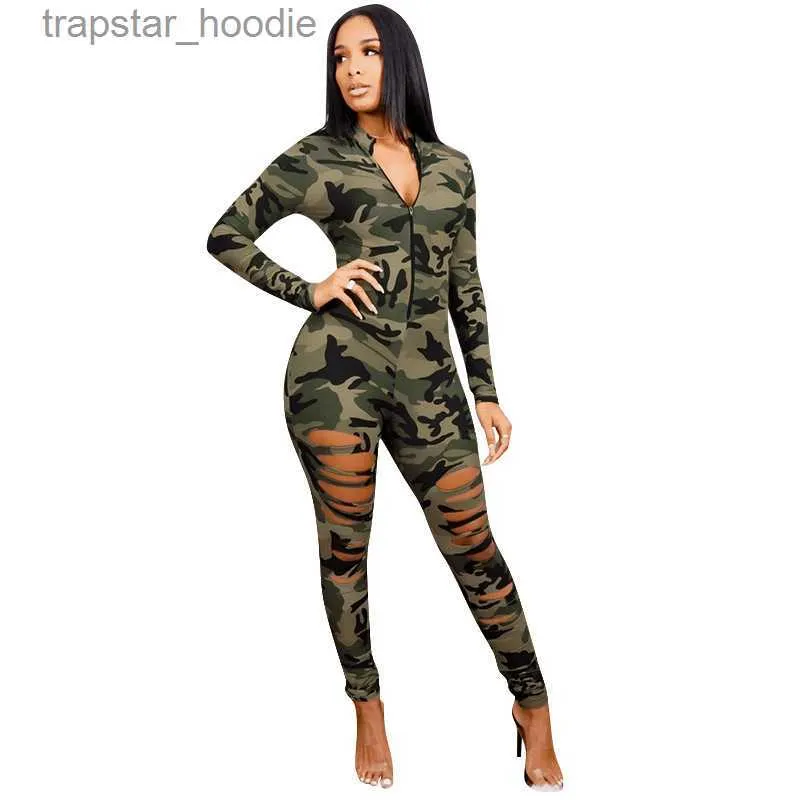 Combinaisons pour femmes Barboteuses 2022 été nouveau Camouflage mince combinaison pantalon Sexy découpe Camouflage Chic combinaison mode femmes col en v grande taille combinaison L230921